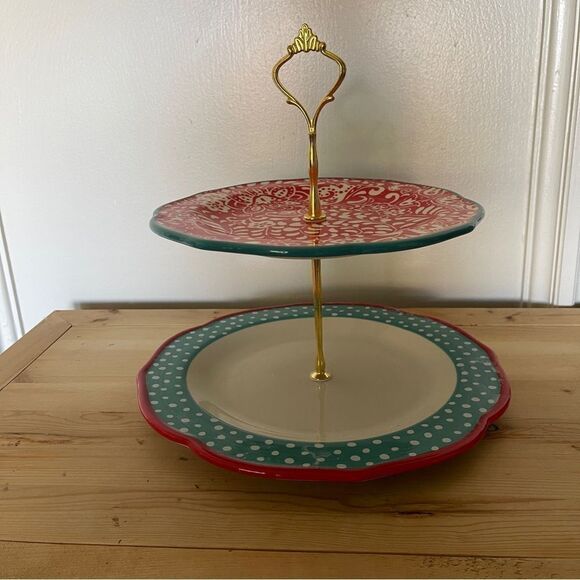 PIONEER WOMAN CUPCAKE DESSERT STAND 2-TIER Travelling Vines Teal White Dots NWOT - Picture 6 of 8